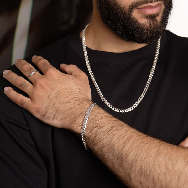 Pori Jewelers 2 Pc Set Mens 925 Sterling Silver 6MM Miami Cuban Chain Bracelet & Necklace