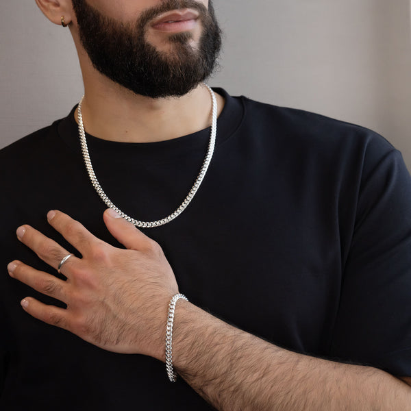 pori jewelers 2 Pc Set Mens 925 Sterling Silver 6MM Miami Cuban Chain Bracelet & Necklace