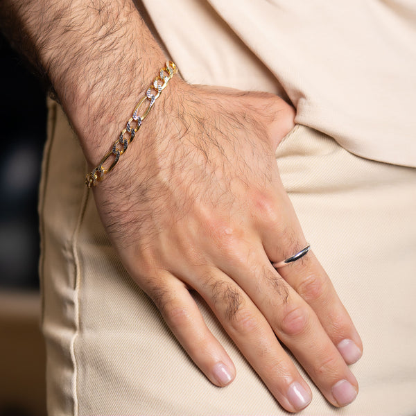 pori jewelers 925 Sterling Silver Two Tone Diamond Cut Pave 7.5MM Figaro Chain Bracelet Unisex