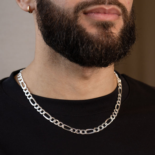 Pori Jewelers Italy 925 Sterling Silver 7.5MM Diamond Cut Pave Figaro Chain Necklace 20-24"