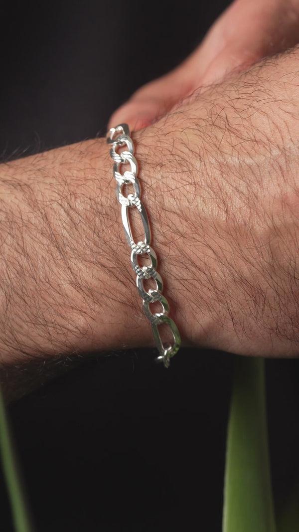 Pori Jewelers Italy 925 Sterling Silver 7.5MM Diamond Cut Pave Figaro Chain Bracelet 8" Or 9"