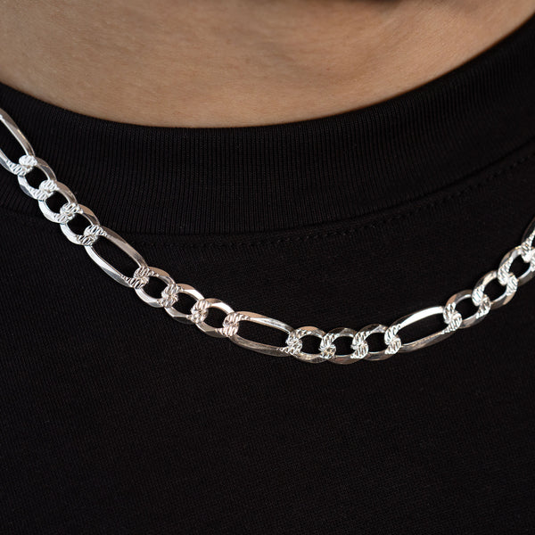 pori jewelers Italy 925 Sterling Silver 7.5MM Diamond Cut Pave Figaro Chain Necklace 20-24"