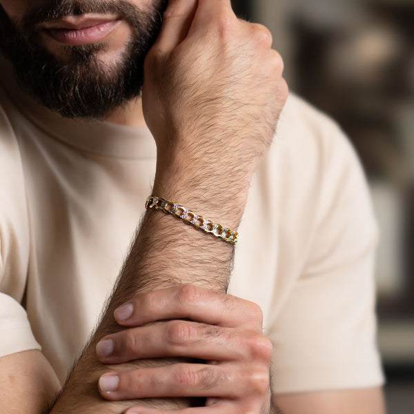 Pori Jewelers Italy 925 Sterling Silver Two Tone Diamond Cut Pave Cuban Chain Bracelet Unisex
