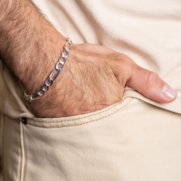 Pori Jewelers Mens Italy 925 Solid Sterling Silver 7.5MM Thick Figaro Chain Bracelet