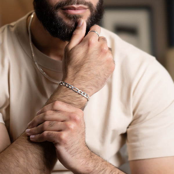 pori jewelers Mens Italy 925 Solid Sterling Silver 7.5MM Thick Figaro Chain Bracelet