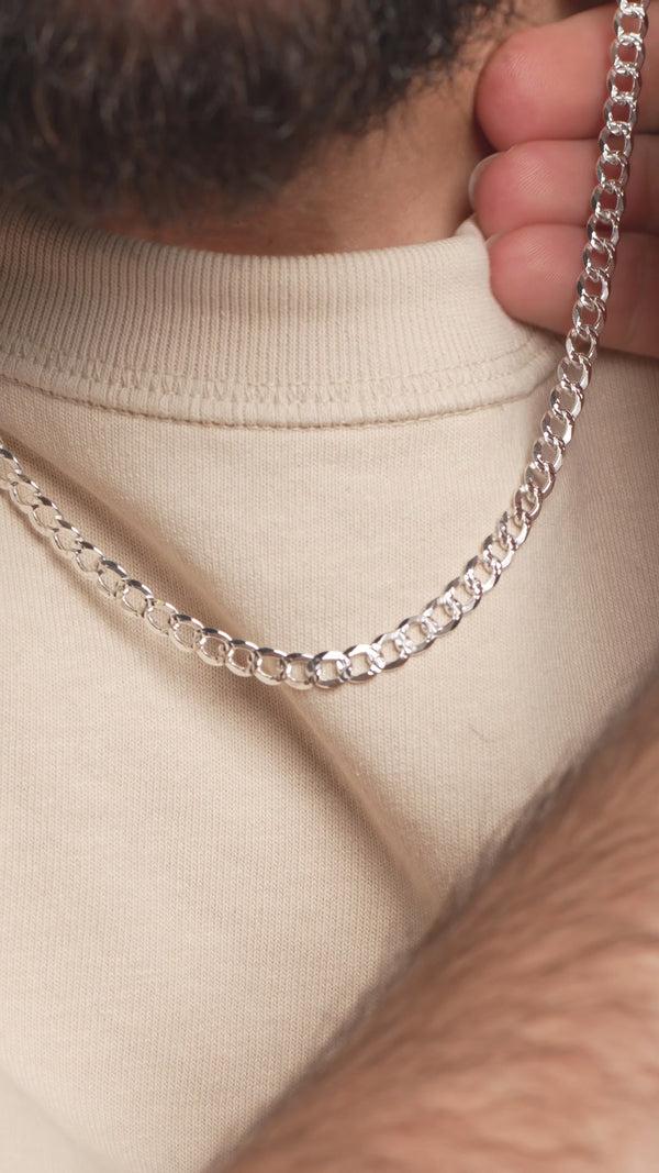 pori jewelers Mens Solid 925 Sterling Silver 5MM Pave Diamond- Cut Cuban Chain 20" Necklace