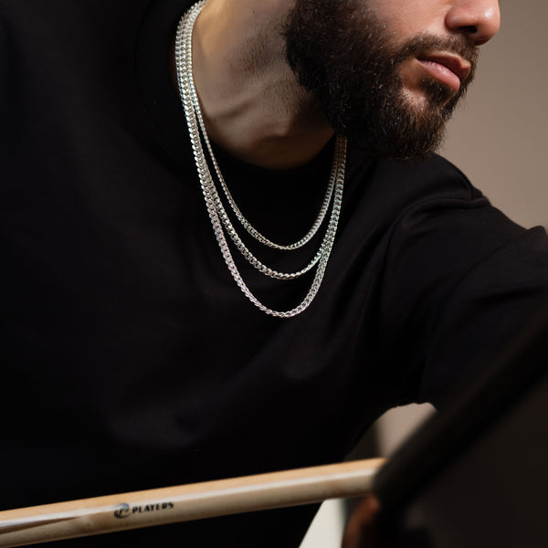 Pori Jewelers Mens Solid 925 Sterling Silver Miami Cuban Chain Necklaces 3 Row 3 Piece Set