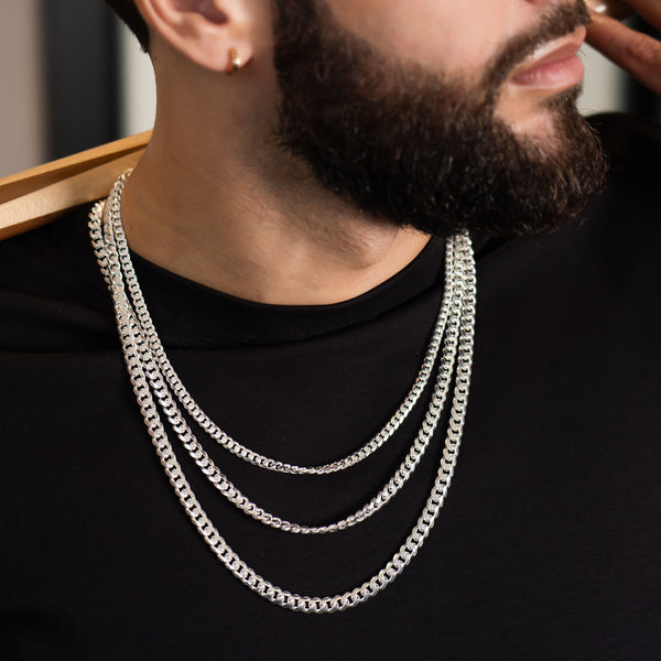 pori jewelers Mens Solid 925 Sterling Silver Miami Cuban Chain Necklaces 3 Row 3 Piece Set