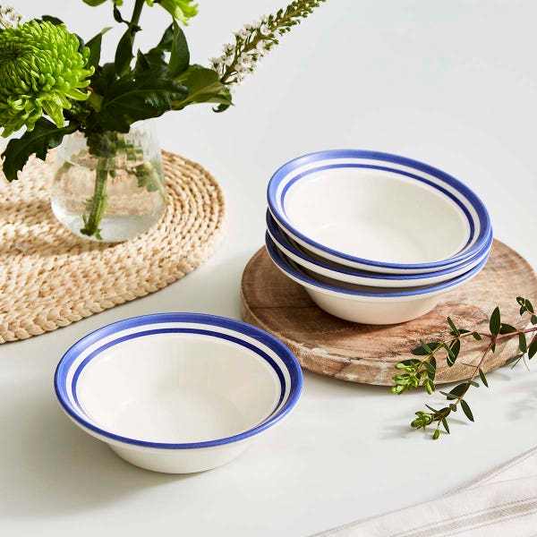 Portmeirion Potter's Stripe Set Of 4 Oatmeal Bowls Blue