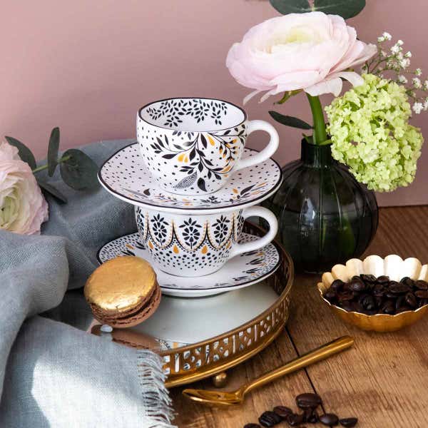 Portmeirion Sara Miller Artisanne Noir Set Of 2 Espresso Cup & Saucers