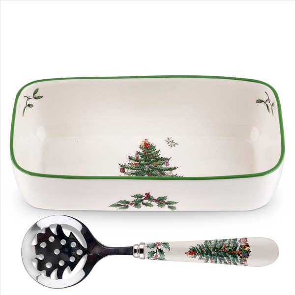 Portmeirion Spode Christmas Tree Cranberry Server With Slotted Spoon