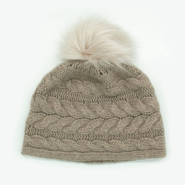 Portolano CASHMERE CHUNKY BEANIE IN CABLE DESIGN AND POM