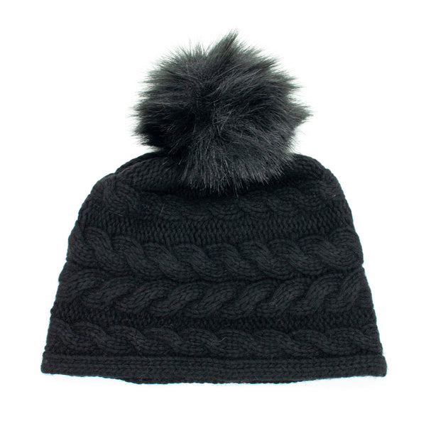 Portolano CASHMERE CHUNKY BEANIE IN CABLE DESIGN AND POM