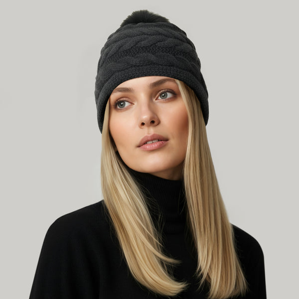 portolano CASHMERE CHUNKY BEANIE IN CABLE DESIGN AND POM