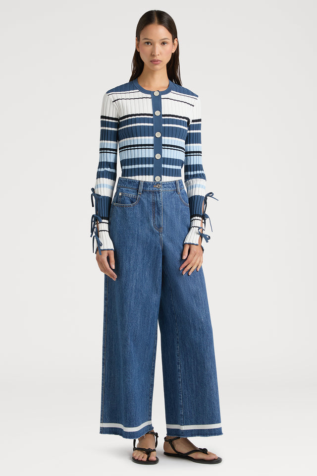 Ports 1961 AMALFI COAST BLUE STRIPED CARDIGAN ADORNED WITH A BOW S01-MIX BLUE