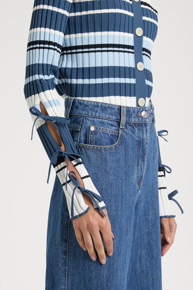 Ports 1961 AMALFI COAST BLUE STRIPED CARDIGAN ADORNED WITH A BOW S01-MIX BLUE