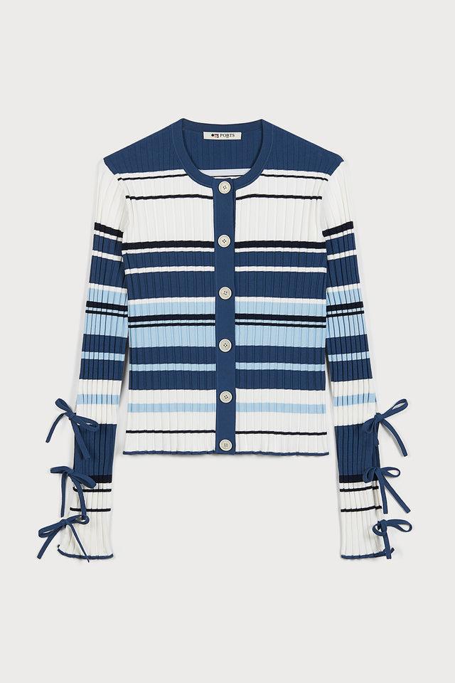 ports 1961 AMALFI COAST BLUE STRIPED CARDIGAN ADORNED WITH A BOW S01-MIX BLUE