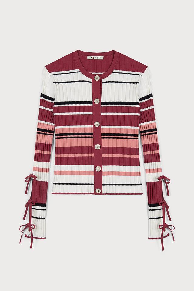 ports 1961 AMALFI COAST RED STRIPED CARDIGAN ADORNED WITH A BOW S14-MIX BORDEAUX