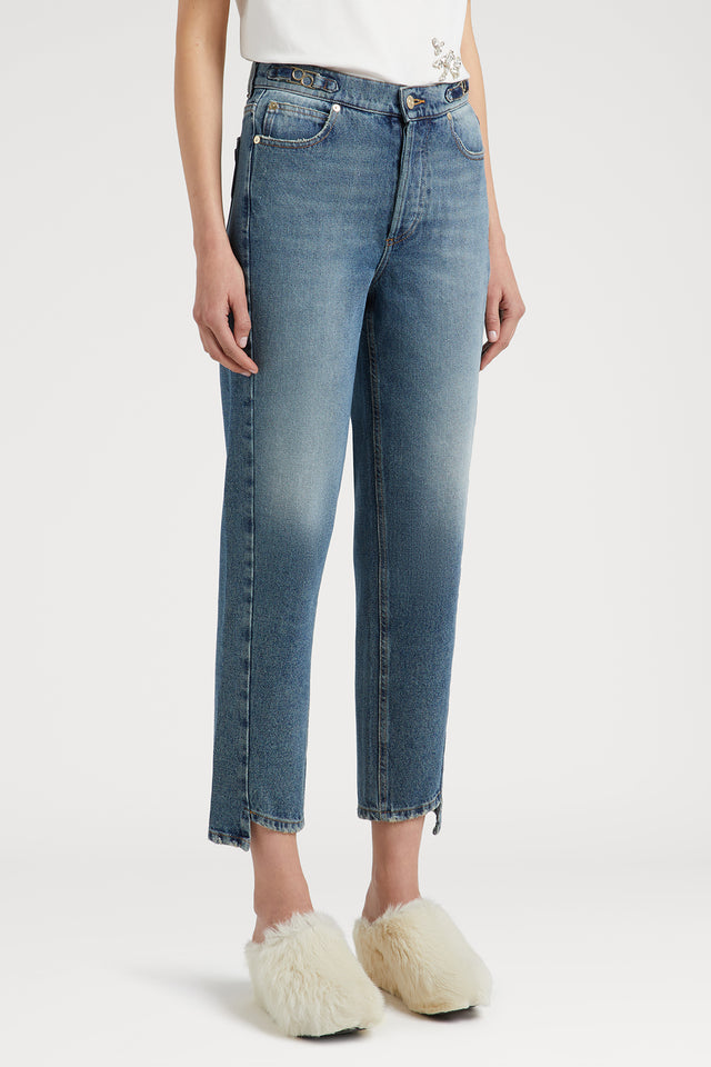 Ports 1961 BOYFRIEND DENIM TROUSERS WITH LOGO BUCKLE INDIGO