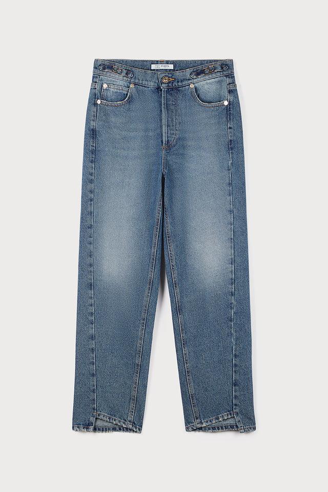 ports 1961 BOYFRIEND DENIM TROUSERS WITH LOGO BUCKLE INDIGO