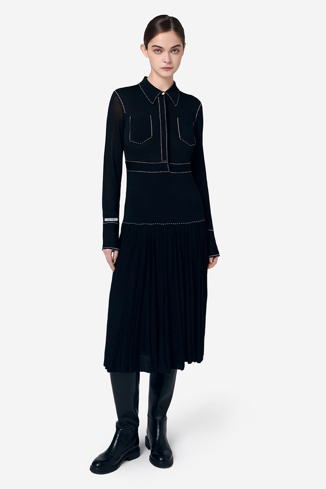 Ports 1961 CONTRAST STITCHING STAND COLLAR KNITTED DRESS BLACK