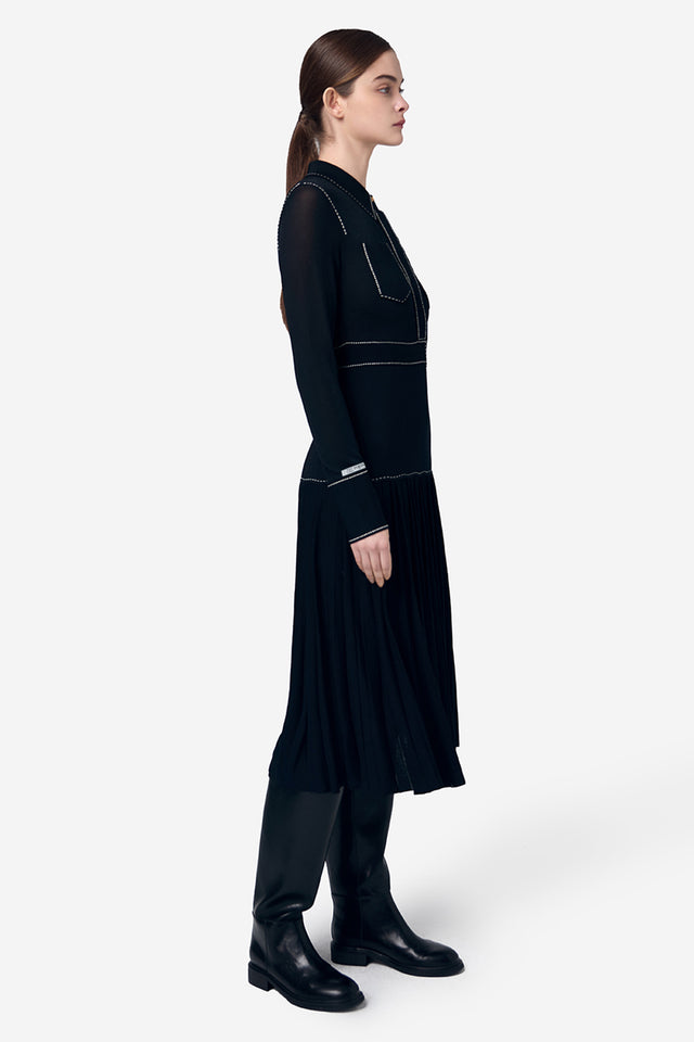 Ports 1961 CONTRAST STITCHING STAND COLLAR KNITTED DRESS BLACK