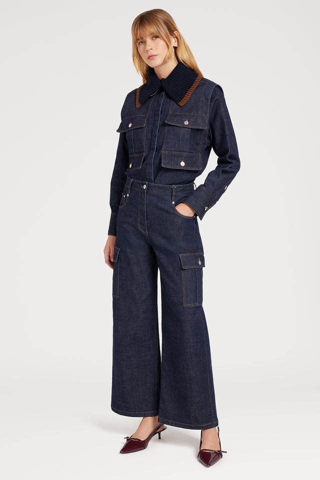 Ports 1961 DENIM JACKET WITH KNIT COLLAR 889-INDIGO DENIM