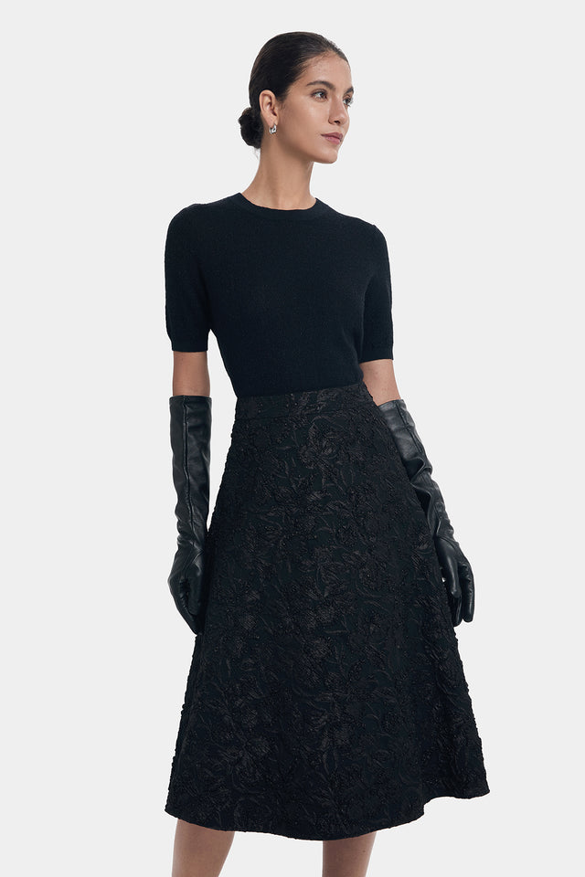 Ports 1961 FLATTERING A-LINE FLORAL BROCADE SKIRT BLACK