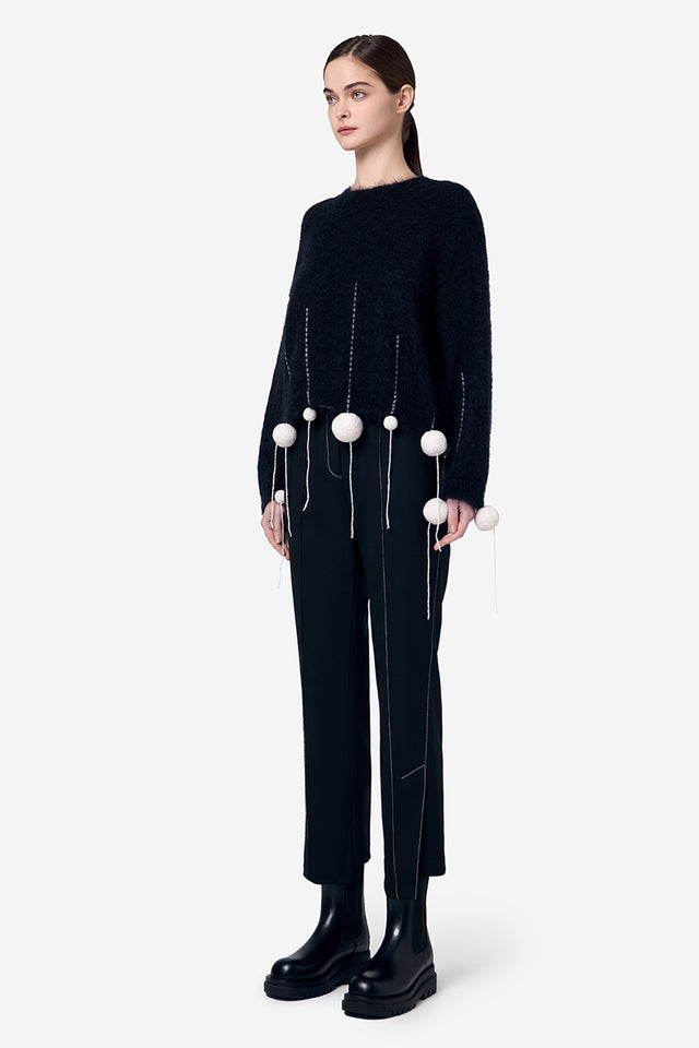 Ports 1961 POM POM ROUND-NECK MOHAIR SILK KNITWEAR BLACK