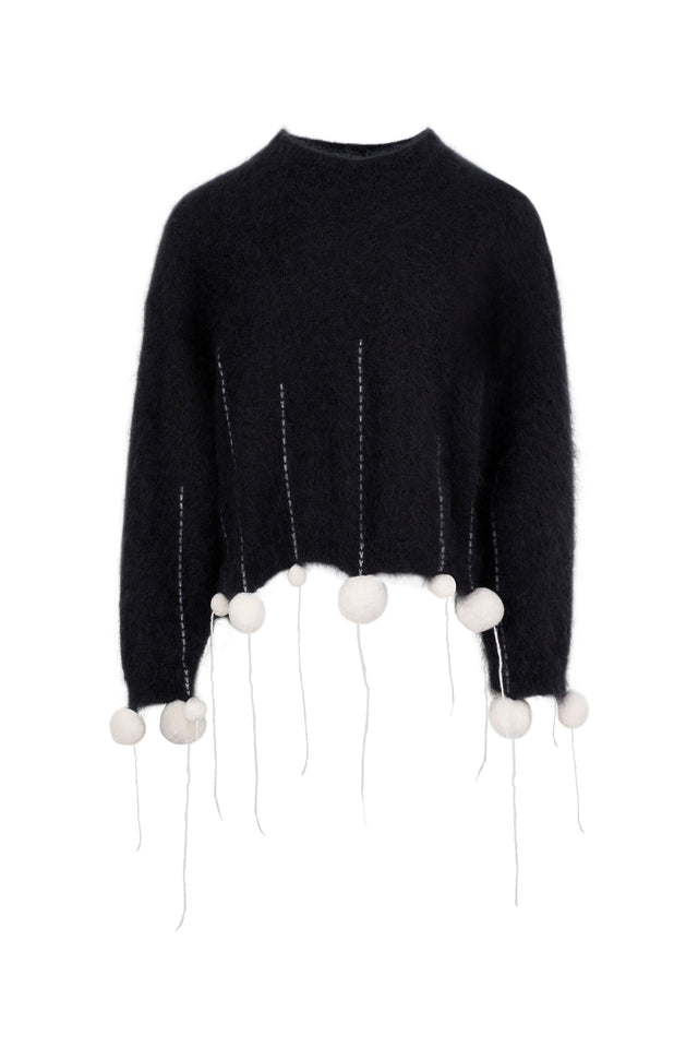 ports 1961 POM POM ROUND-NECK MOHAIR SILK KNITWEAR BLACK