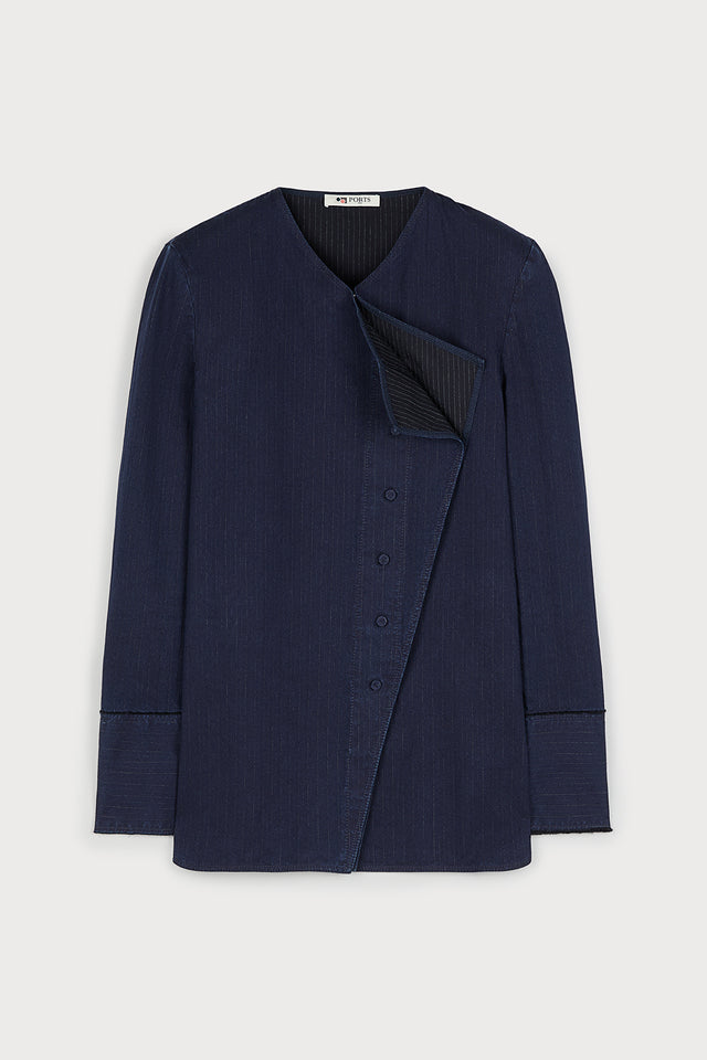 ports 1961 BLUE COTTON SHIRT S85-INDIGO&WHT