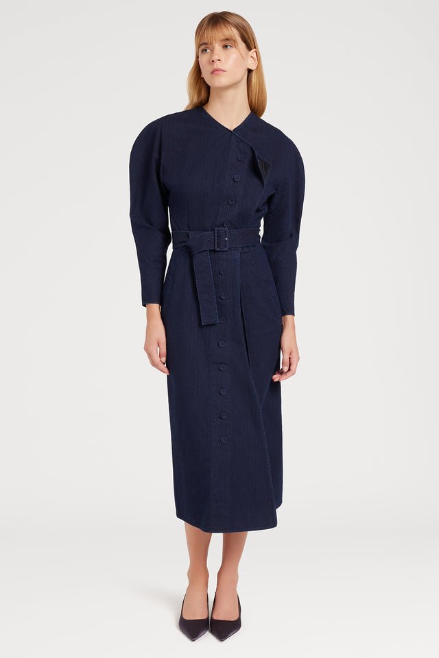 Ports 1961 DENIM BELTED DRESS S85-INDIGO&WHT