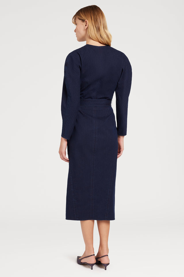 Ports 1961 DENIM BELTED DRESS S85-INDIGO&WHT