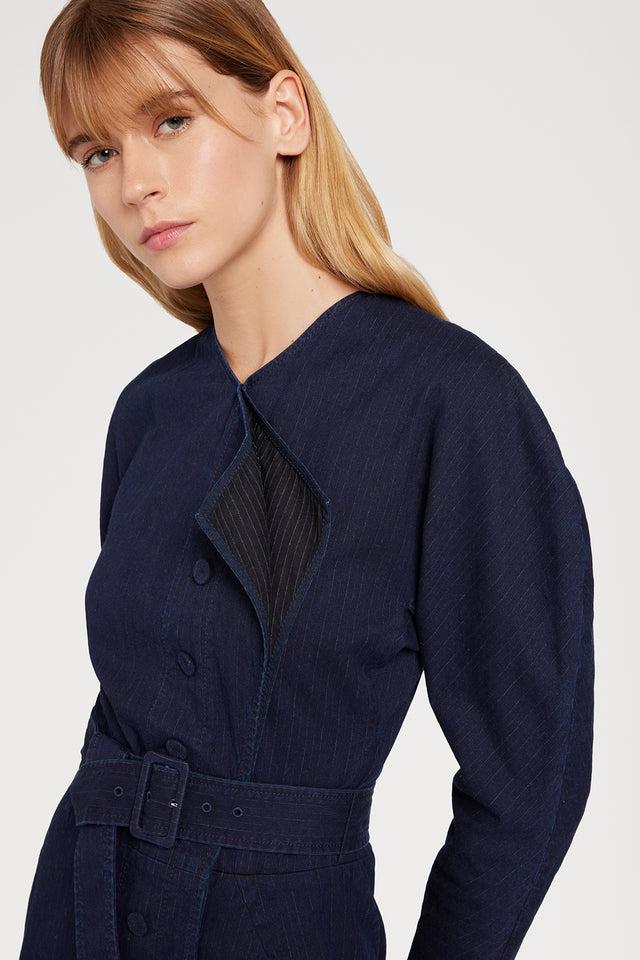 Ports 1961 DENIM BELTED DRESS S85-INDIGO&WHT