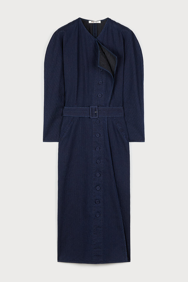 ports 1961 DENIM BELTED DRESS S85-INDIGO&WHT