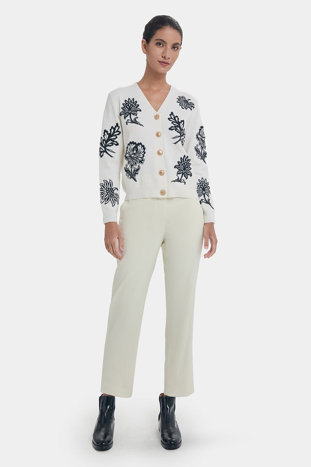 Ports 1961 FLORAL EMBROIDERY WOOL CARDIGAN WHITE