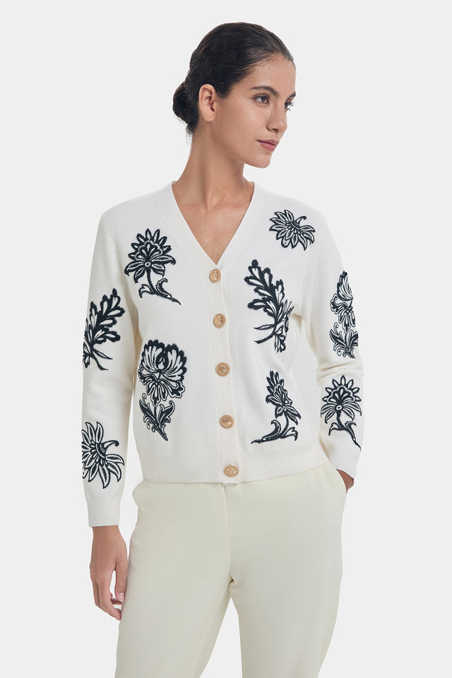 ports 1961 FLORAL EMBROIDERY WOOL CARDIGAN WHITE