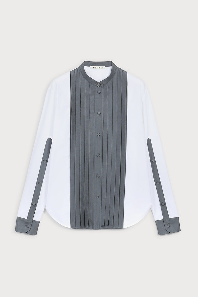 ports 1961 FRONT PLEATED BLOUSE 009-WHITE&GREY