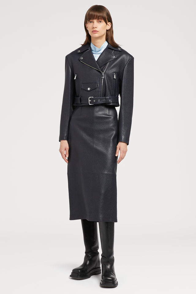 Ports 1961 LEATHER BIKER JACKET 899-NAVY