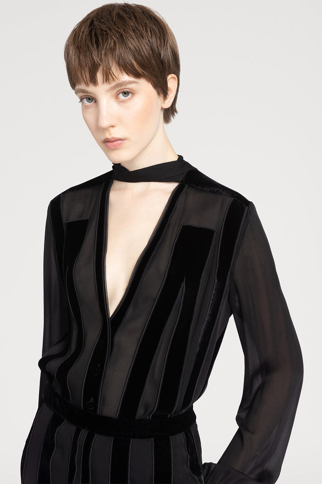 Ports 1961 SILK STRIPED BLOUSE 999-BLACK