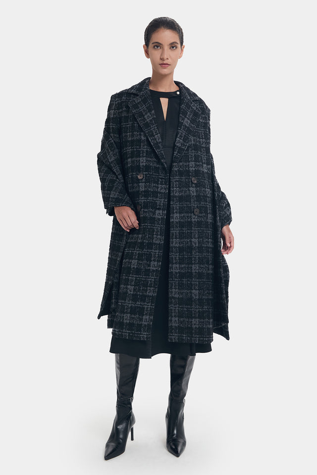 Ports 1961 STYLISH CHECKED OVERCOAT BLACK GRAY