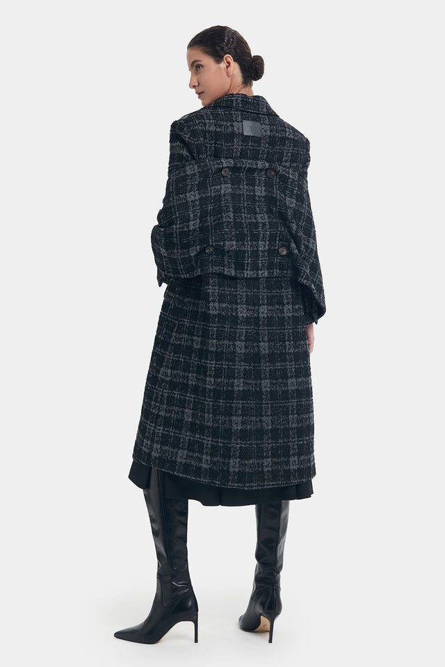 Ports 1961 STYLISH CHECKED OVERCOAT BLACK GRAY