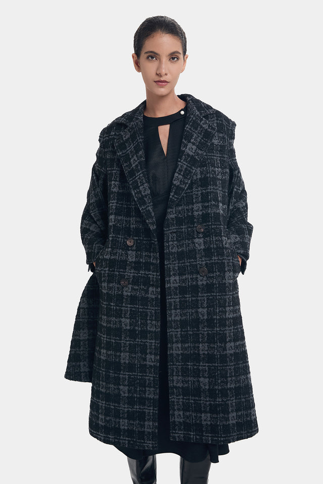 ports 1961 STYLISH CHECKED OVERCOAT BLACK GRAY