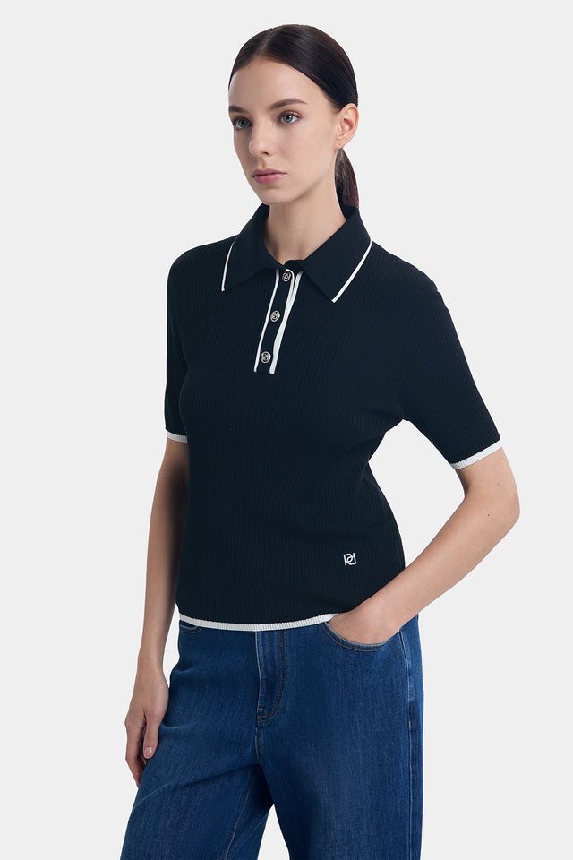 Ports 1961 SILK CASHMERE CONTRAST POLO KNITWEAR BLACK