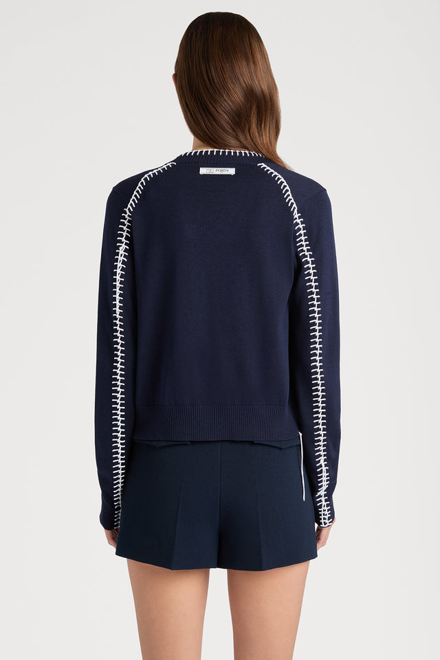 Ports 1961 STYLISH NAVY & WHITE CONTRAST TOP STITCH CARDIGAN 899-NAVY