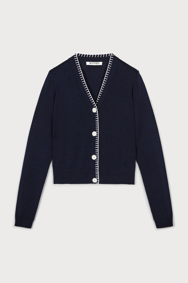 ports 1961 STYLISH NAVY & WHITE CONTRAST TOP STITCH CARDIGAN 899-NAVY
