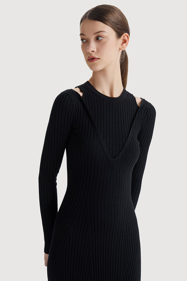 Ports 1961 Stylish Shoulder Cut-Out Knit Dress In Black 999-Black