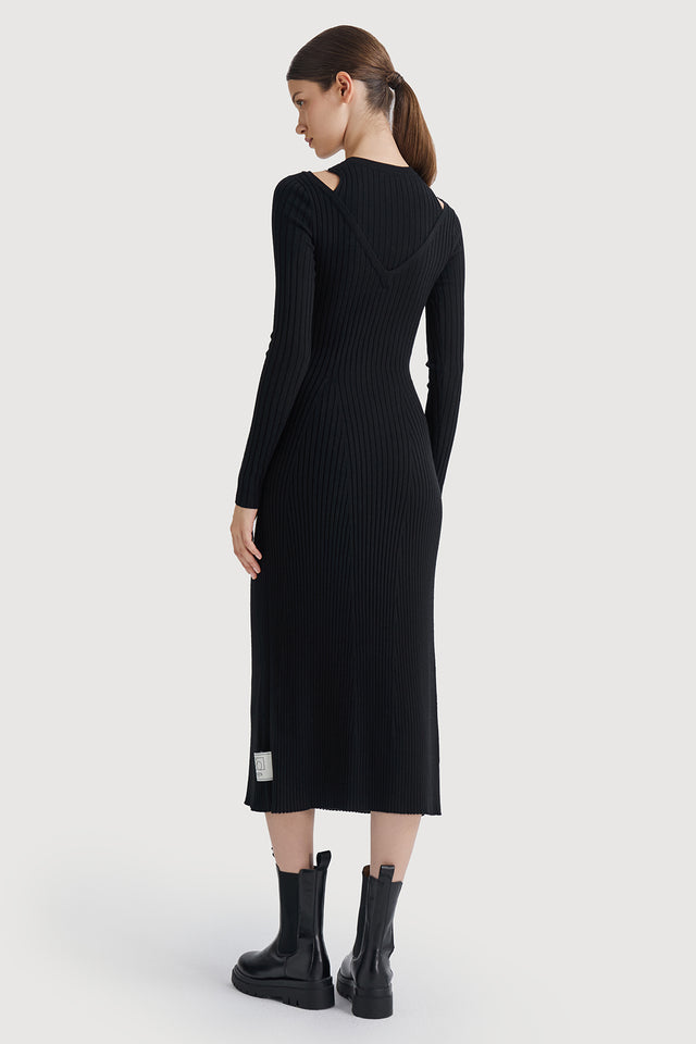 Ports 1961 Stylish Shoulder Cut-Out Knit Dress In Black 999-Black