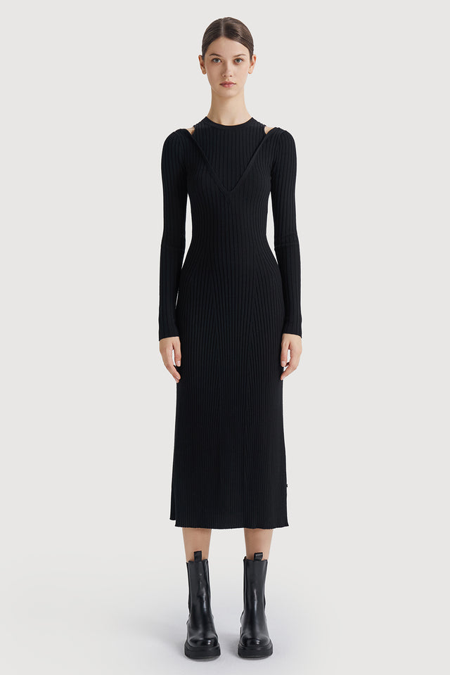 ports 1961 Stylish Shoulder Cut-Out Knit Dress in Black 999-Black