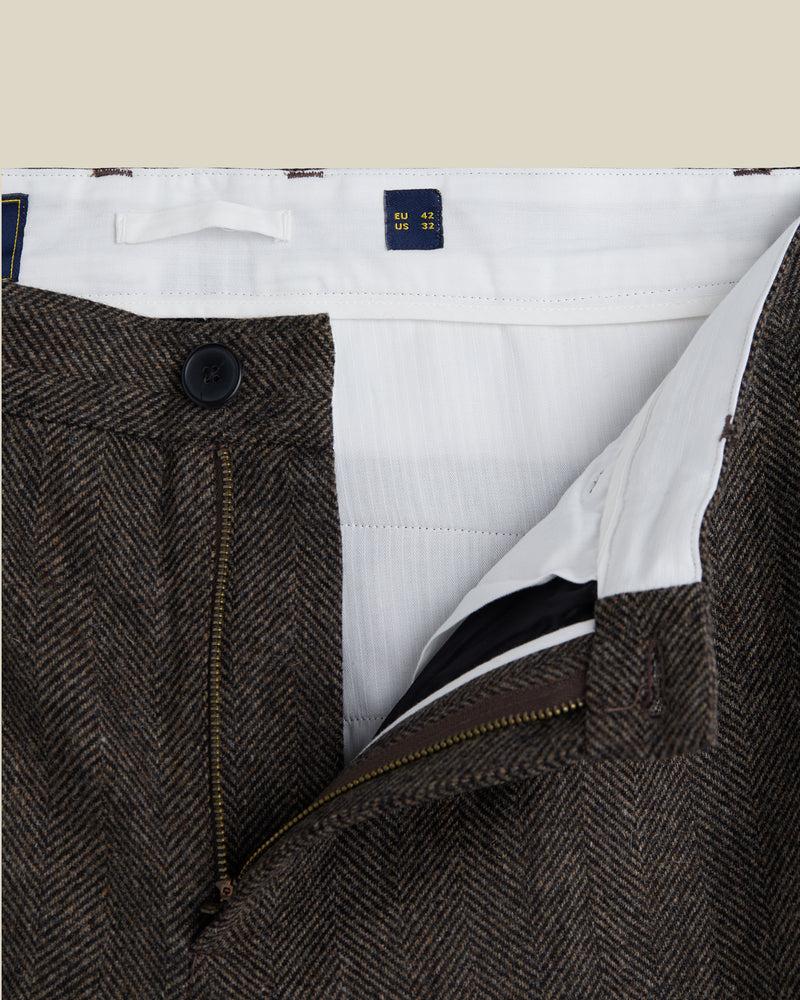 Portuguese Flannel Wool Herringbone Single Pleat Trousers - Brown